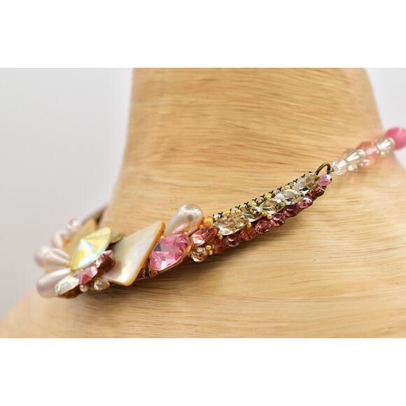 Wendy Gell Vintage Collar Necklace Cluster Pink AB Crystal Pearl Signed 80s BinN - Picture 9 of 12